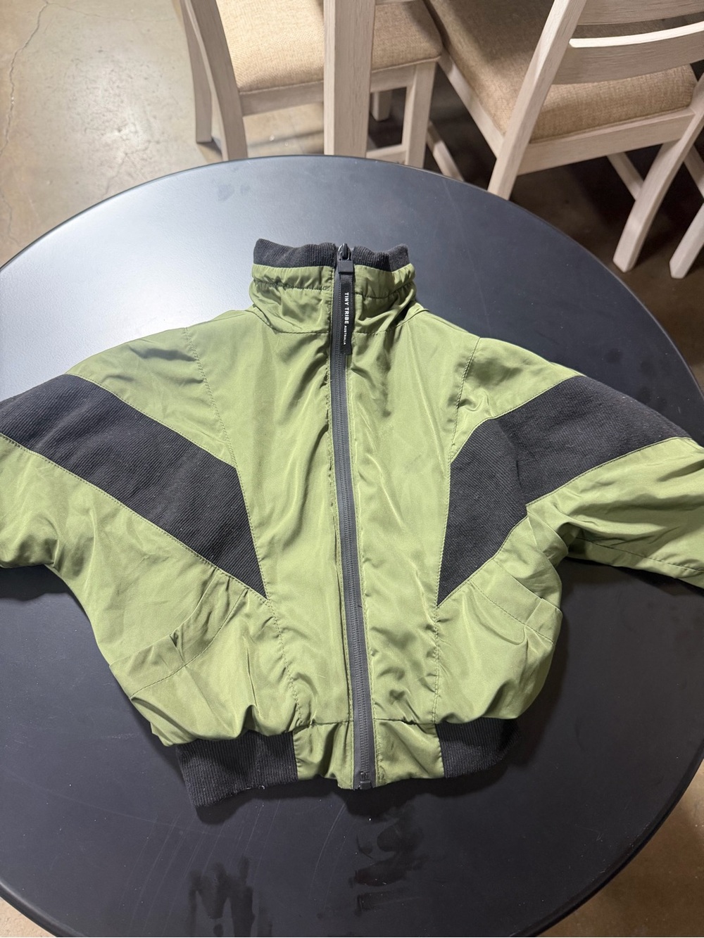 Kids Olive Green Puffer Jacket with Black Accents
